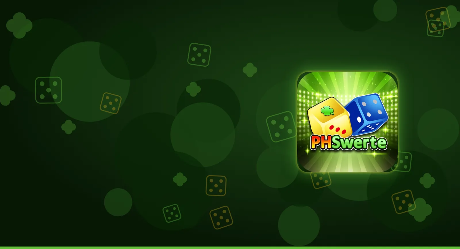 PHSWERTE logo with a yellow clover die and a blue die, glowing on a deep green field of dice and clovers